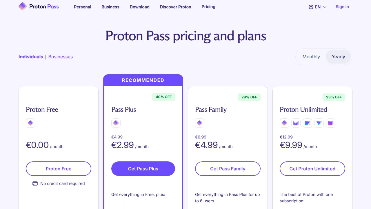 Тарифы Proton Pass: бесплатно, Pass Plus 2,99 евро, Pass Family 4,99 евро в месяц