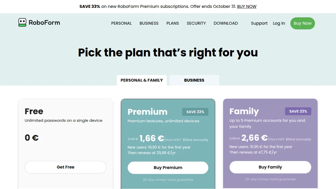 Тарифы RoboForm: Free, Premium 1,66 евро и Family 2,66 евро в месяц