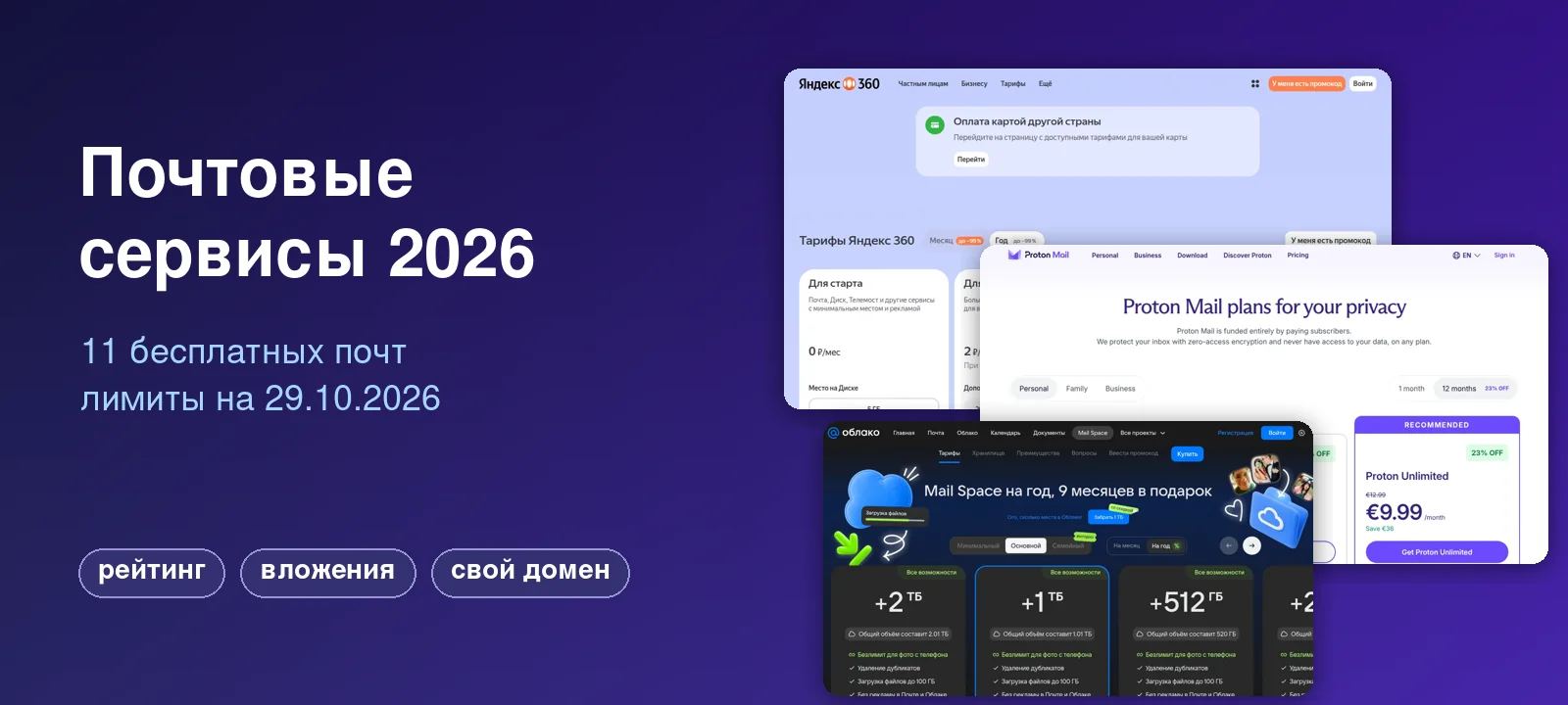 Почтовые сервисы 2026: бесплатный объём, вложения, IMAP и оплата из России