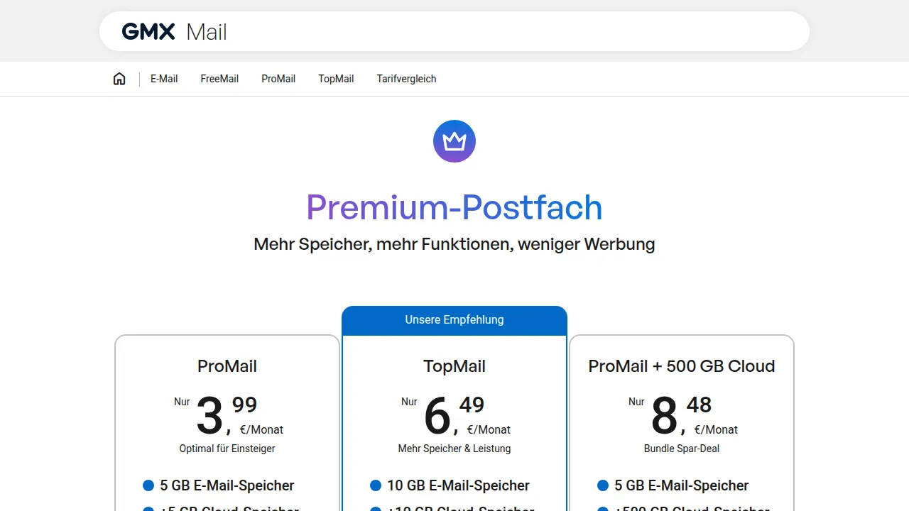 Тарифы GMX ProMail и TopMail