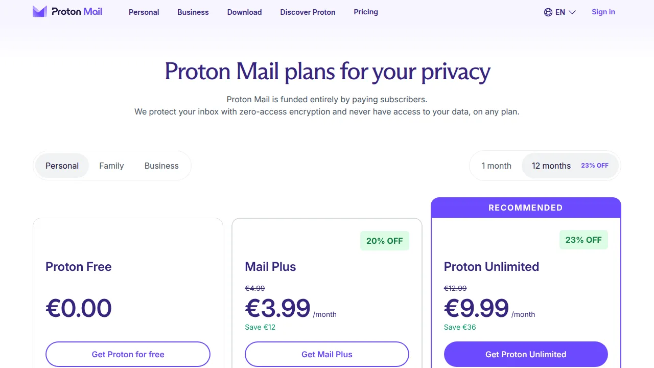 Тарифы Proton Mail: Free, Mail Plus, Unlimited