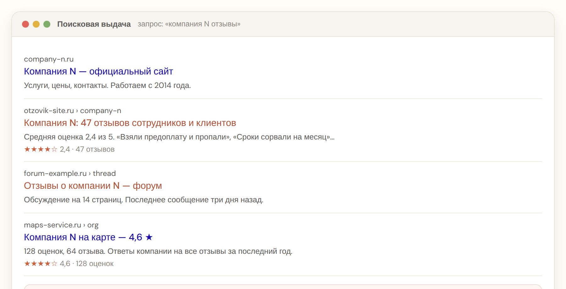 Выдача по брендовому запросу с отзовиками и карточкой на картах