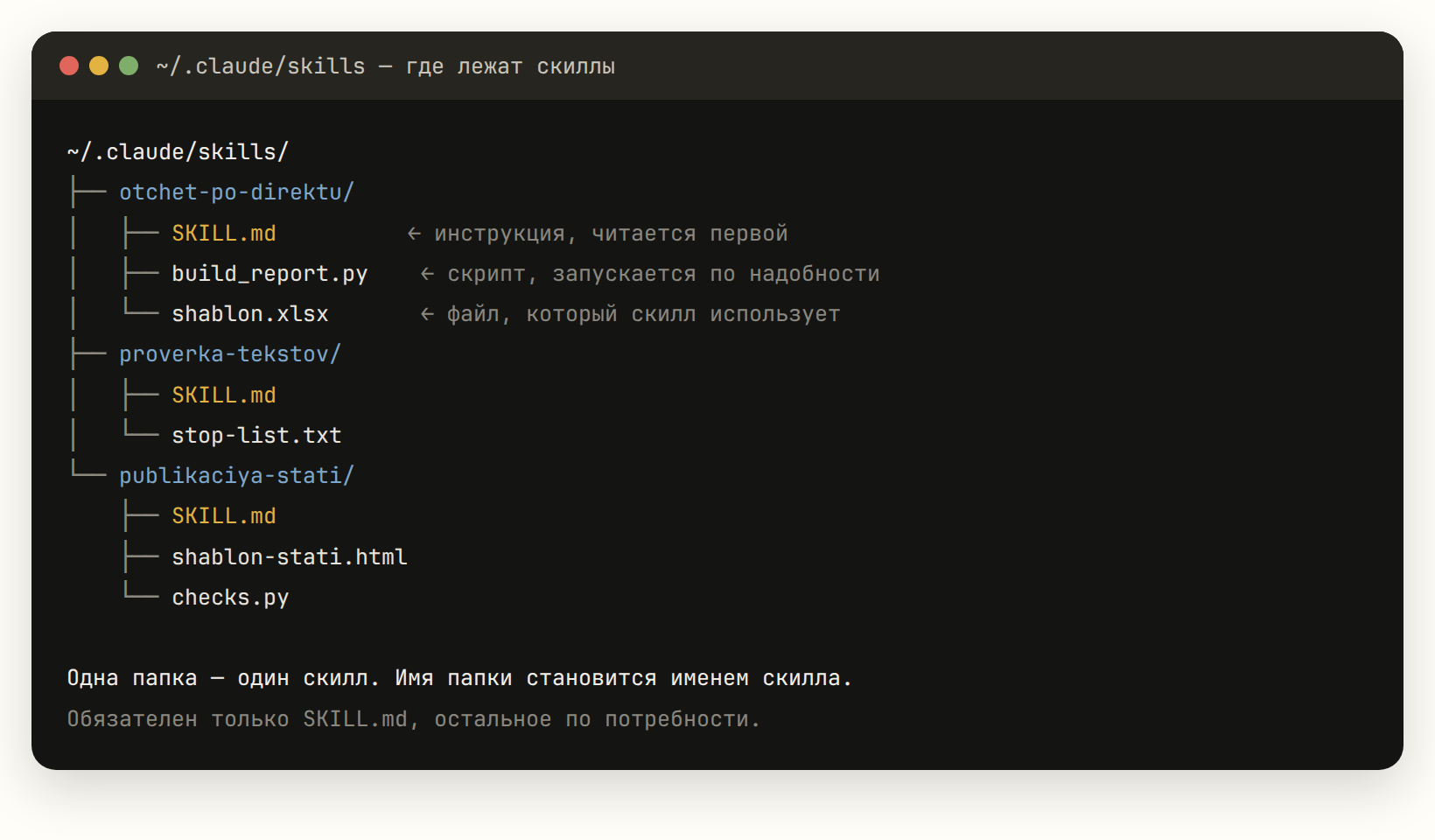 Структура папок со скиллами: SKILL.md, скрипты и файлы внутри каждой