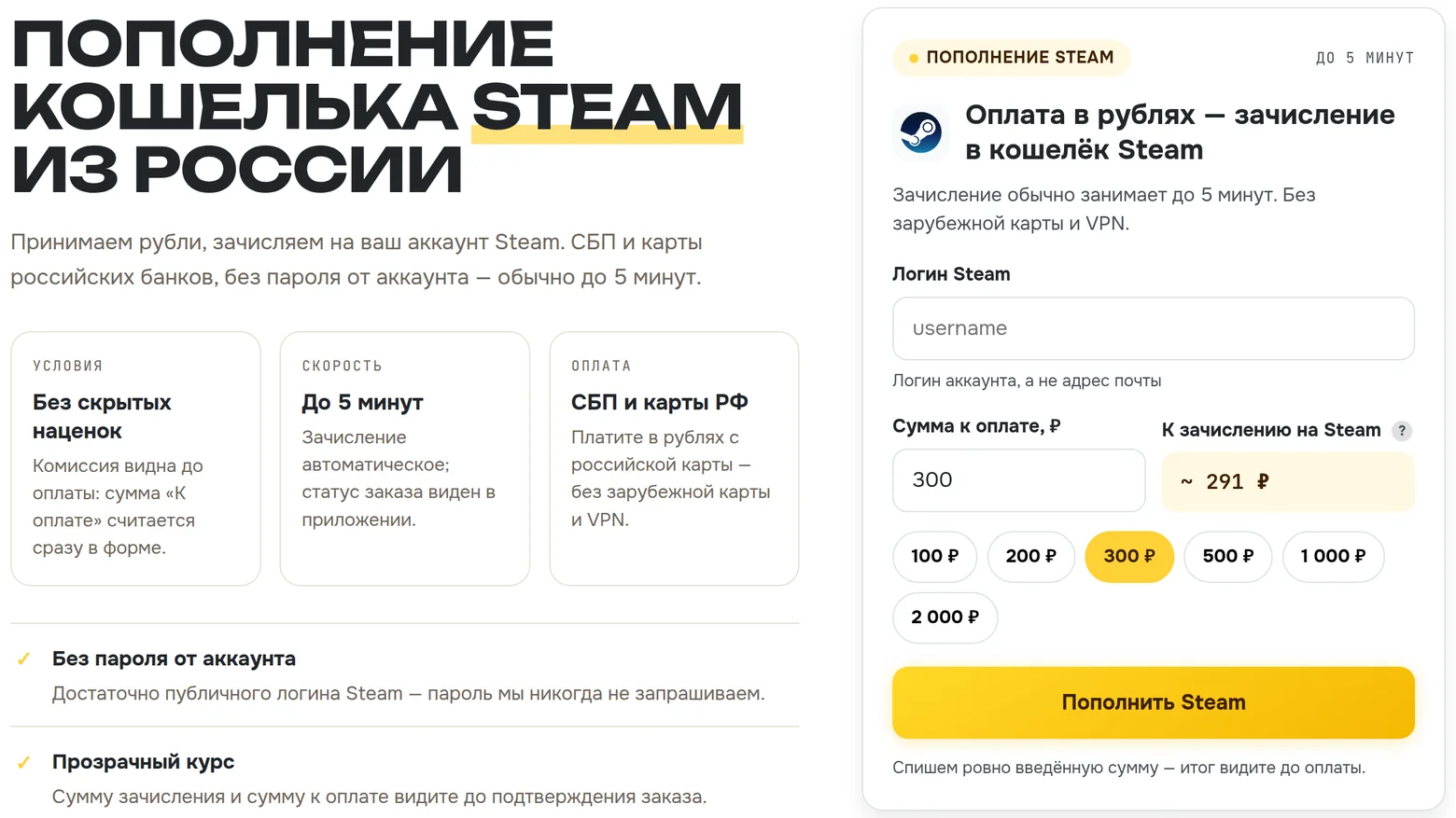 Страница пополнения Steam у Хочу Плачу: без пароля, 300 рублей к оплате и около 291 к зачислению