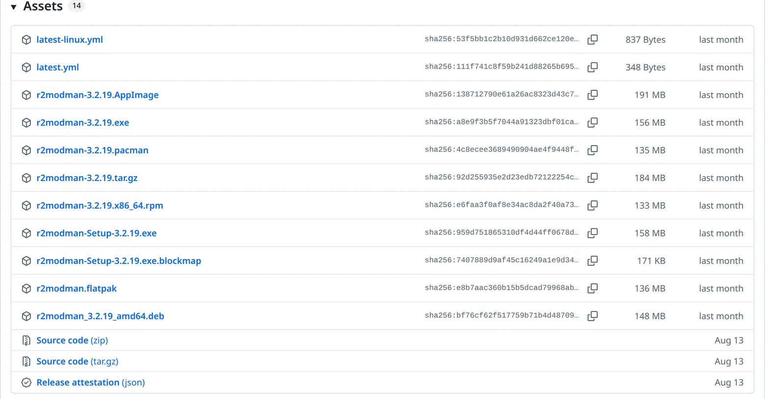 Файлы релиза r2modman 3.2.19 на GitHub: установщик, переносная версия, AppImage, Flatpak
