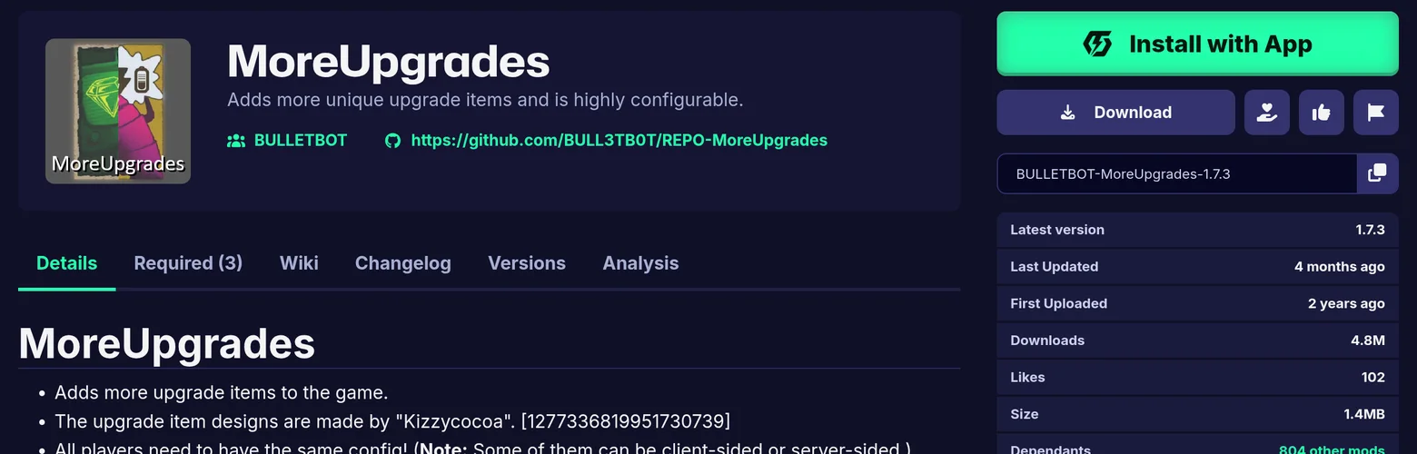 Страница мода MoreUpgrades на Thunderstore: три обязательных пакета, 4,8 млн загрузок