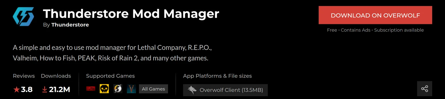 Страница Thunderstore Mod Manager на Overwolf: бесплатно, есть реклама и подписка, 21,2 млн загрузок