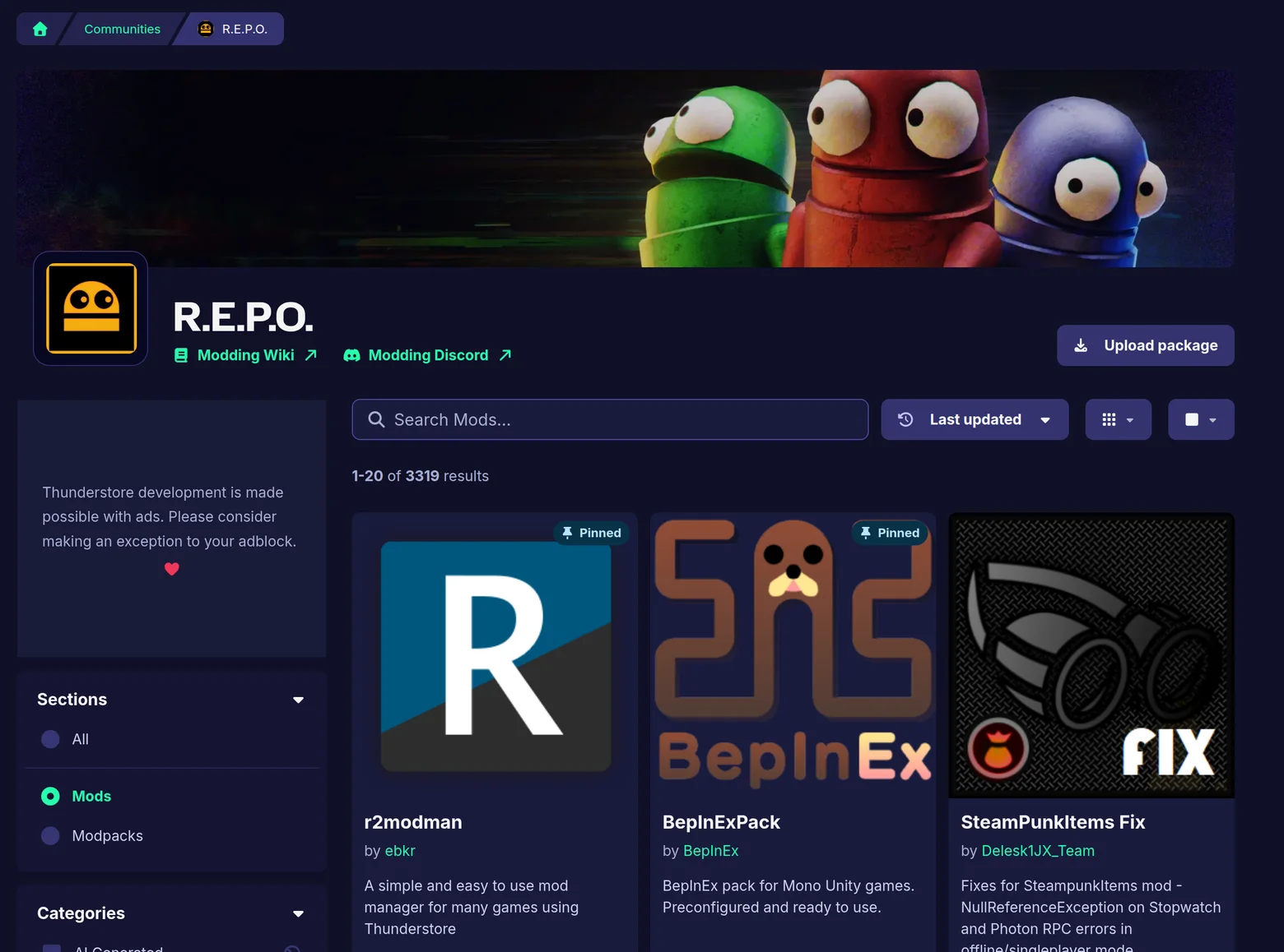 Сообщество R.E.P.O. на Thunderstore: 3319 модов, закреплены r2modman и BepInExPack