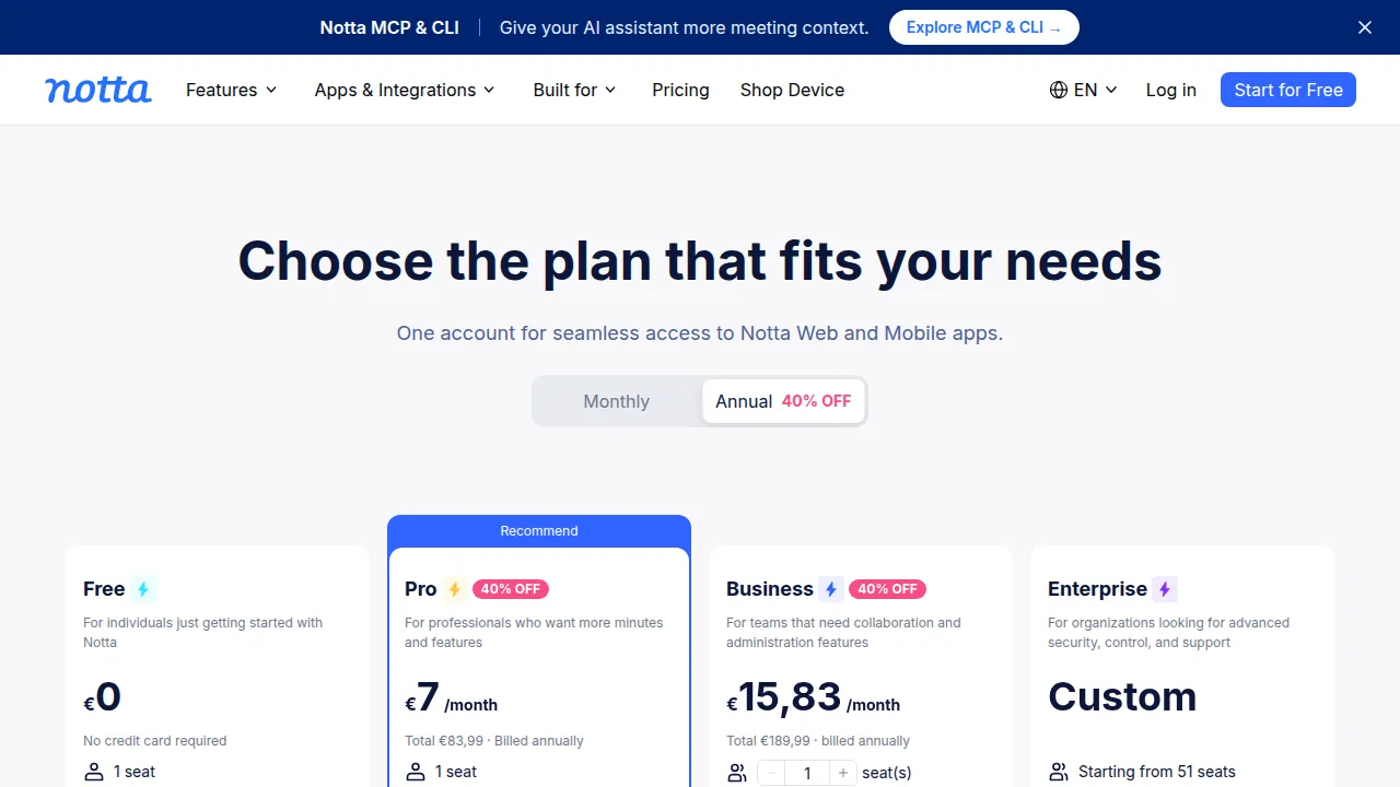 Тарифы Notta