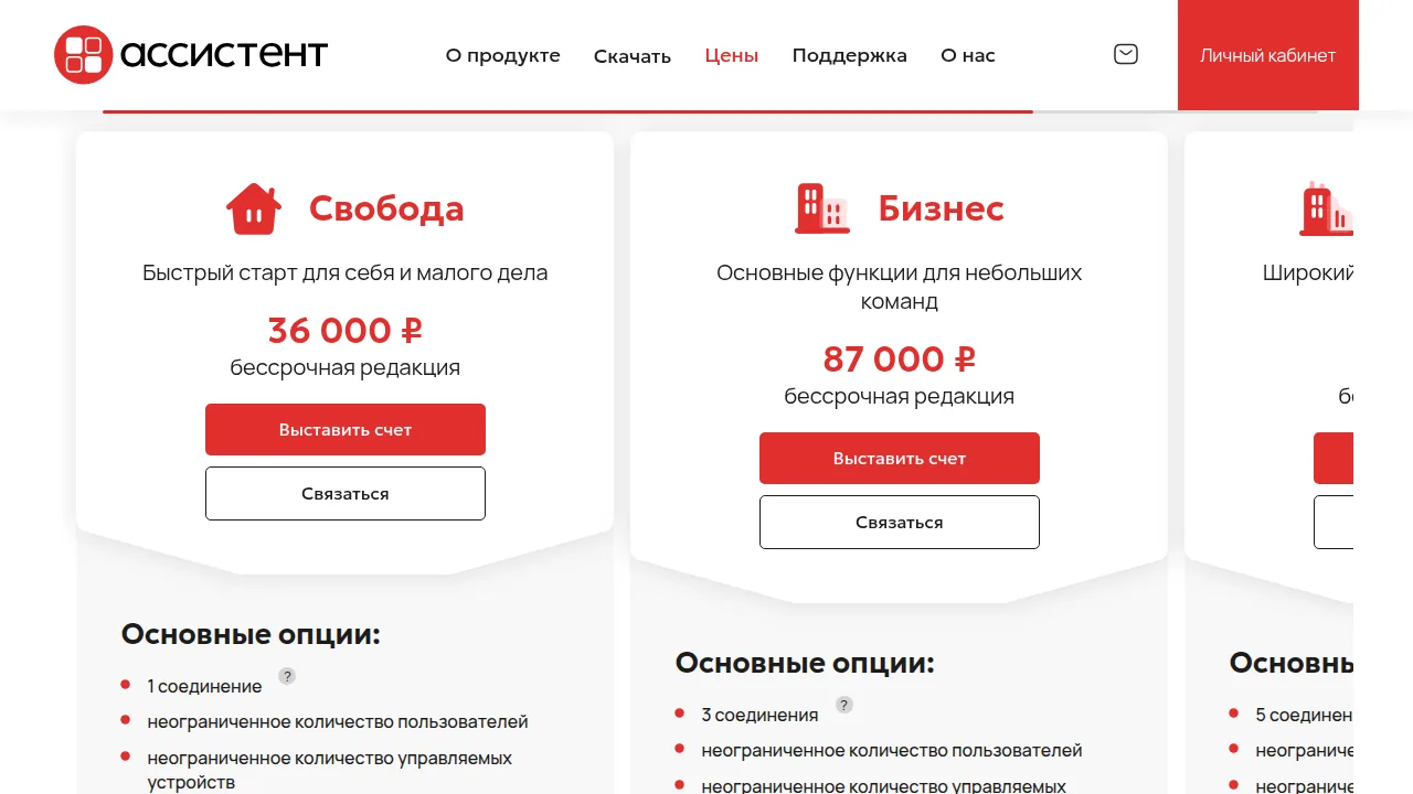 Тарифы Ассистента: Свобода 36 000 рублей, Бизнес 87 000 рублей