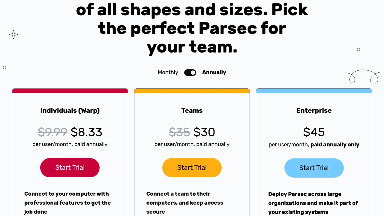 Тарифы Parsec: Individuals 8,33 доллара, Teams 30 долларов, Enterprise 45 долларов