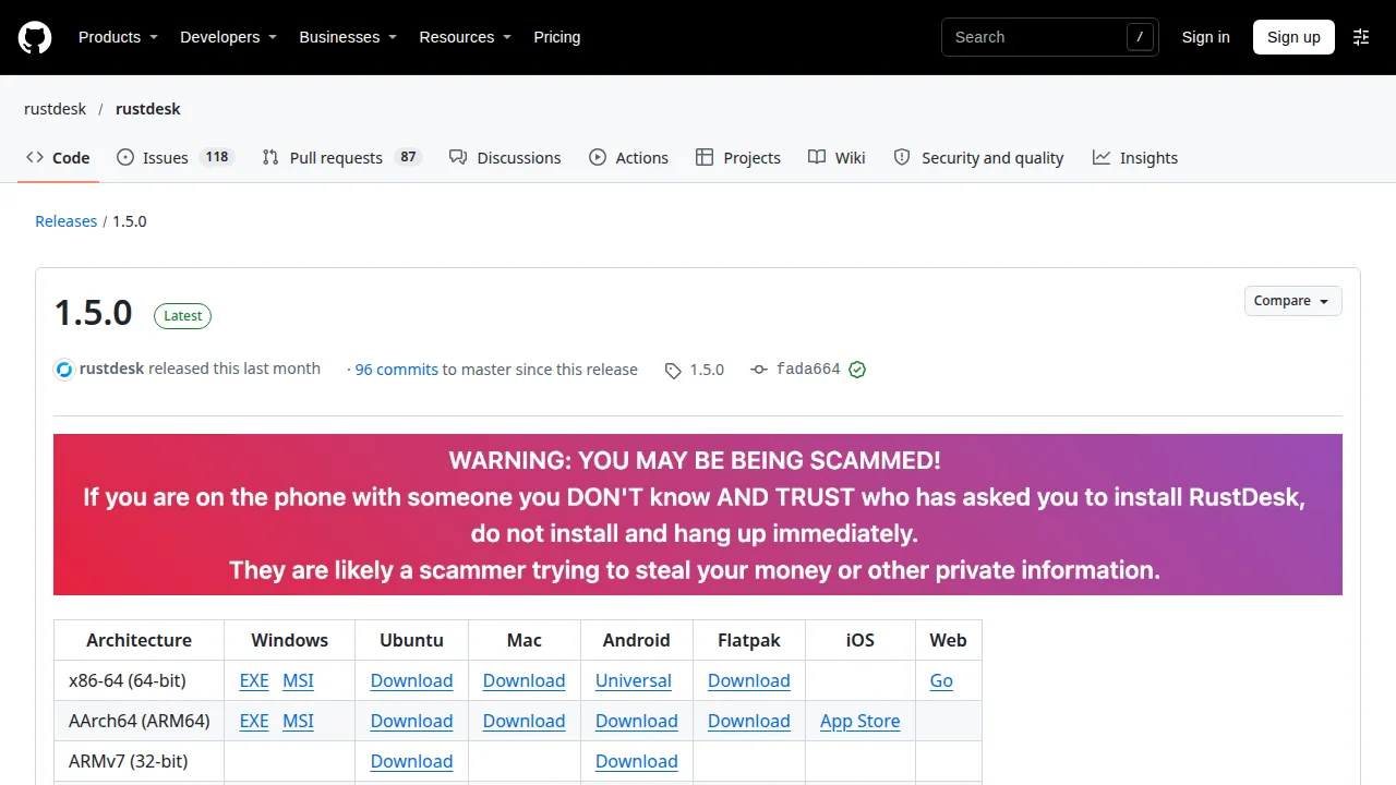 Страница загрузки RustDesk 1.5.0 на GitHub с предупреждением о мошенниках