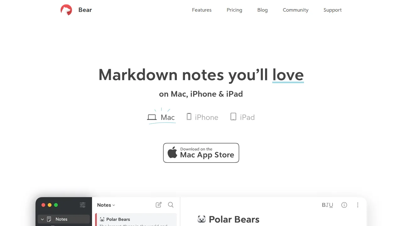 Сайт Bear: Markdown notes на Mac, iPhone и iPad