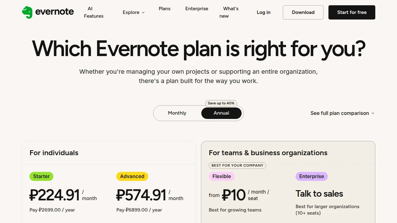 Тарифы Evernote: Starter 224,91 рубля и Advanced 574,91 рубля в месяц