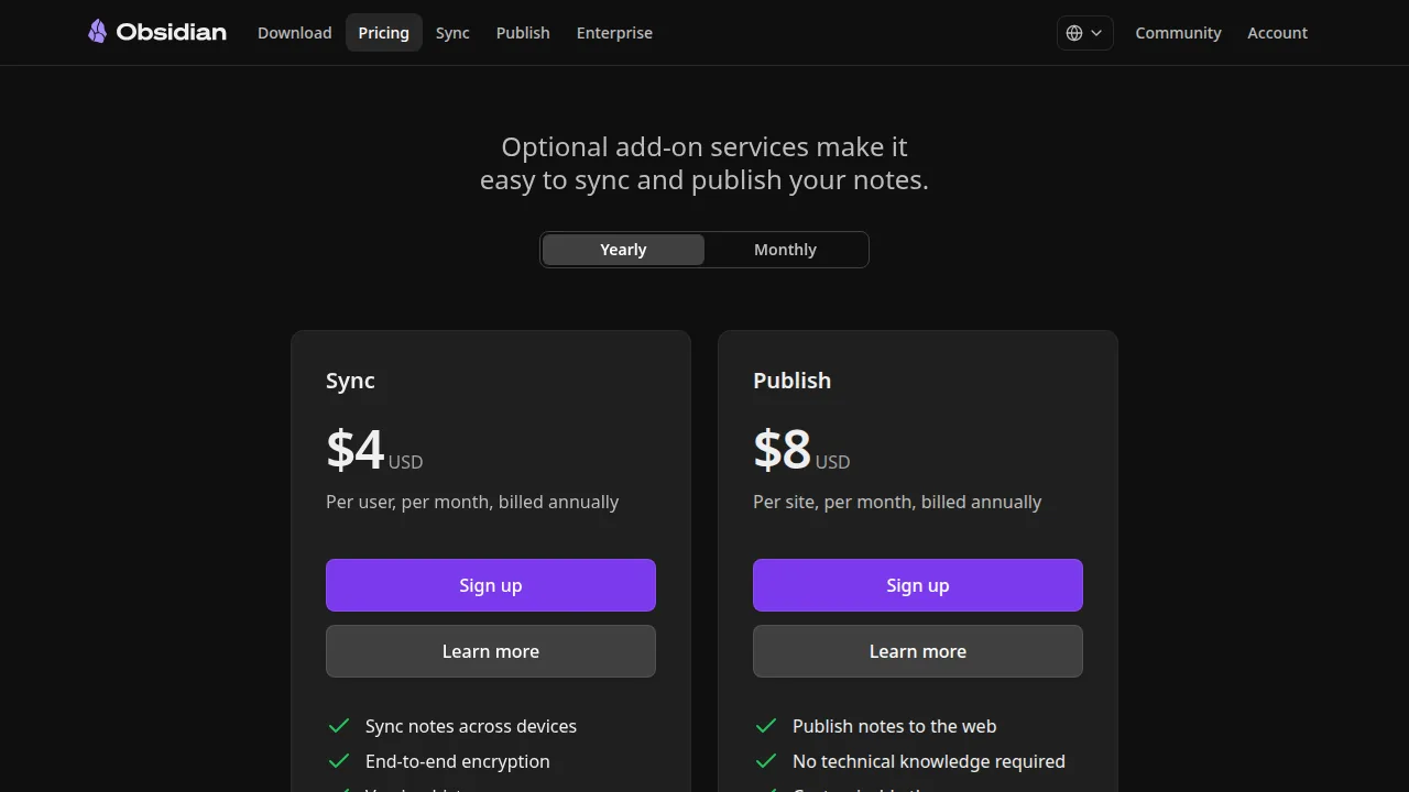 Тарифы Obsidian: Sync 4 доллара и Publish 8 долларов в месяц