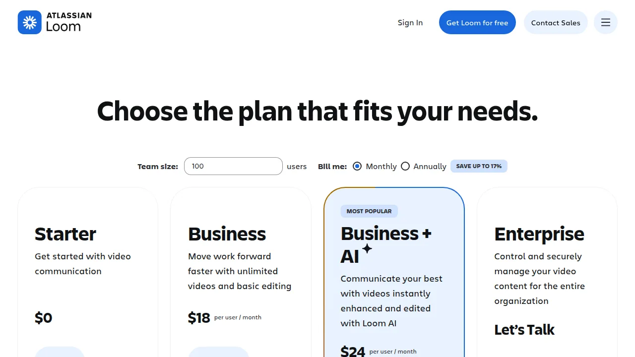 Тарифы Loom: Starter, Business, Business + AI, Enterprise
