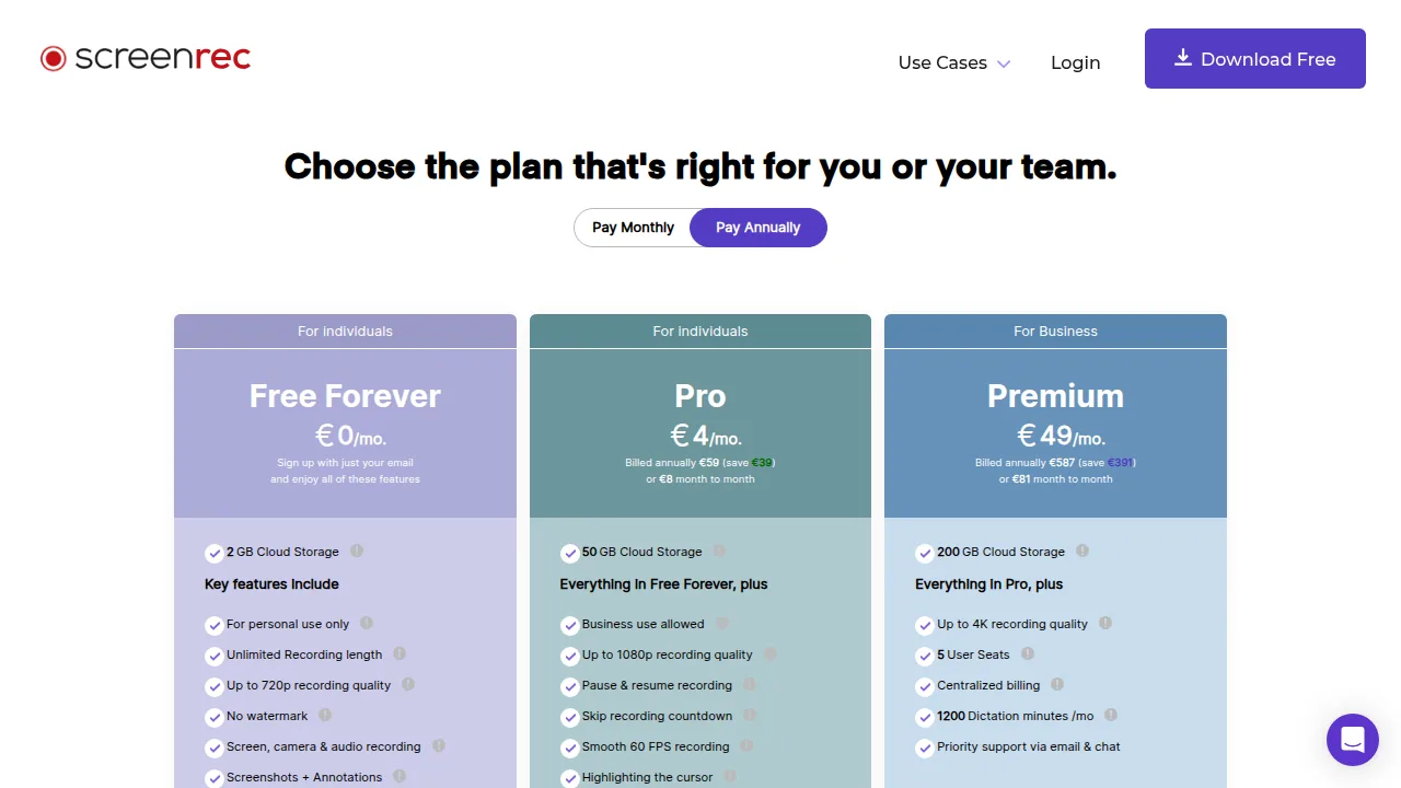 Тарифы ScreenRec: Free Forever, Pro и Premium