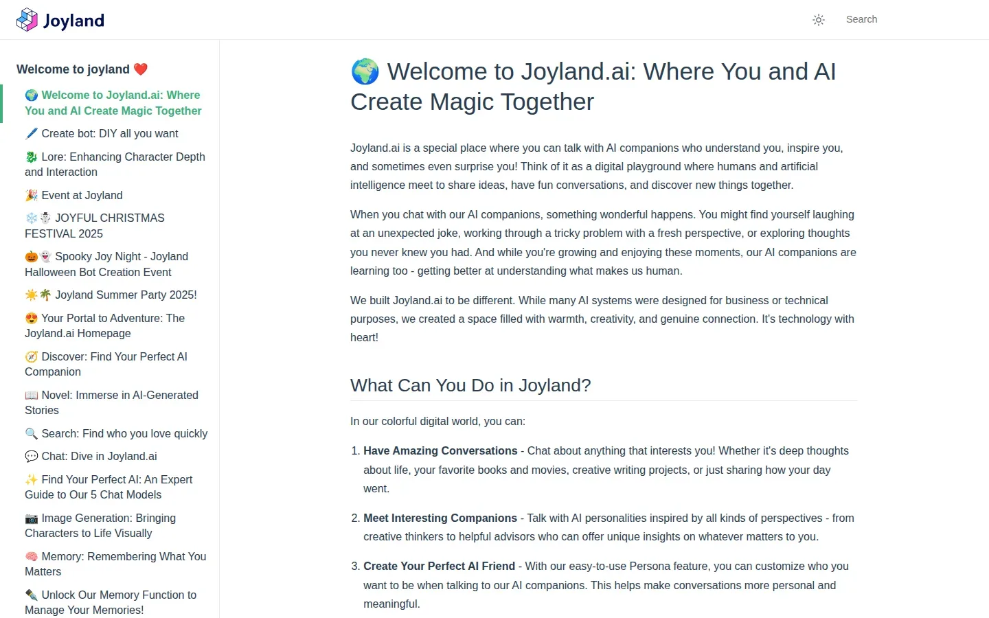 Раздел «Справочный центр» в Joyland AI