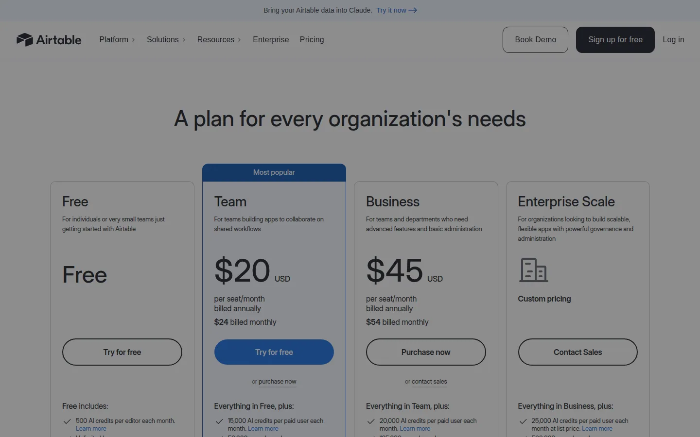 Тарифы Airtable Free Team Business