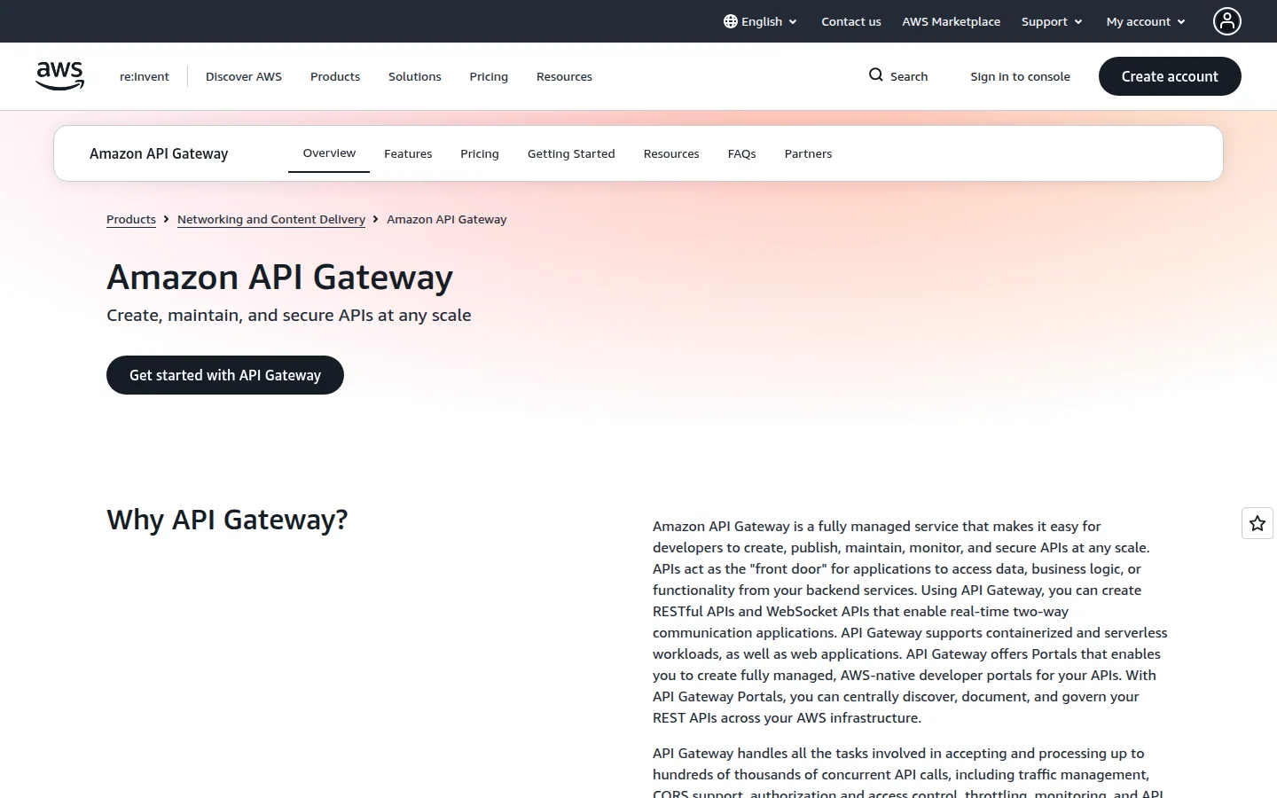Главная страница сервиса Amazon API Gateway