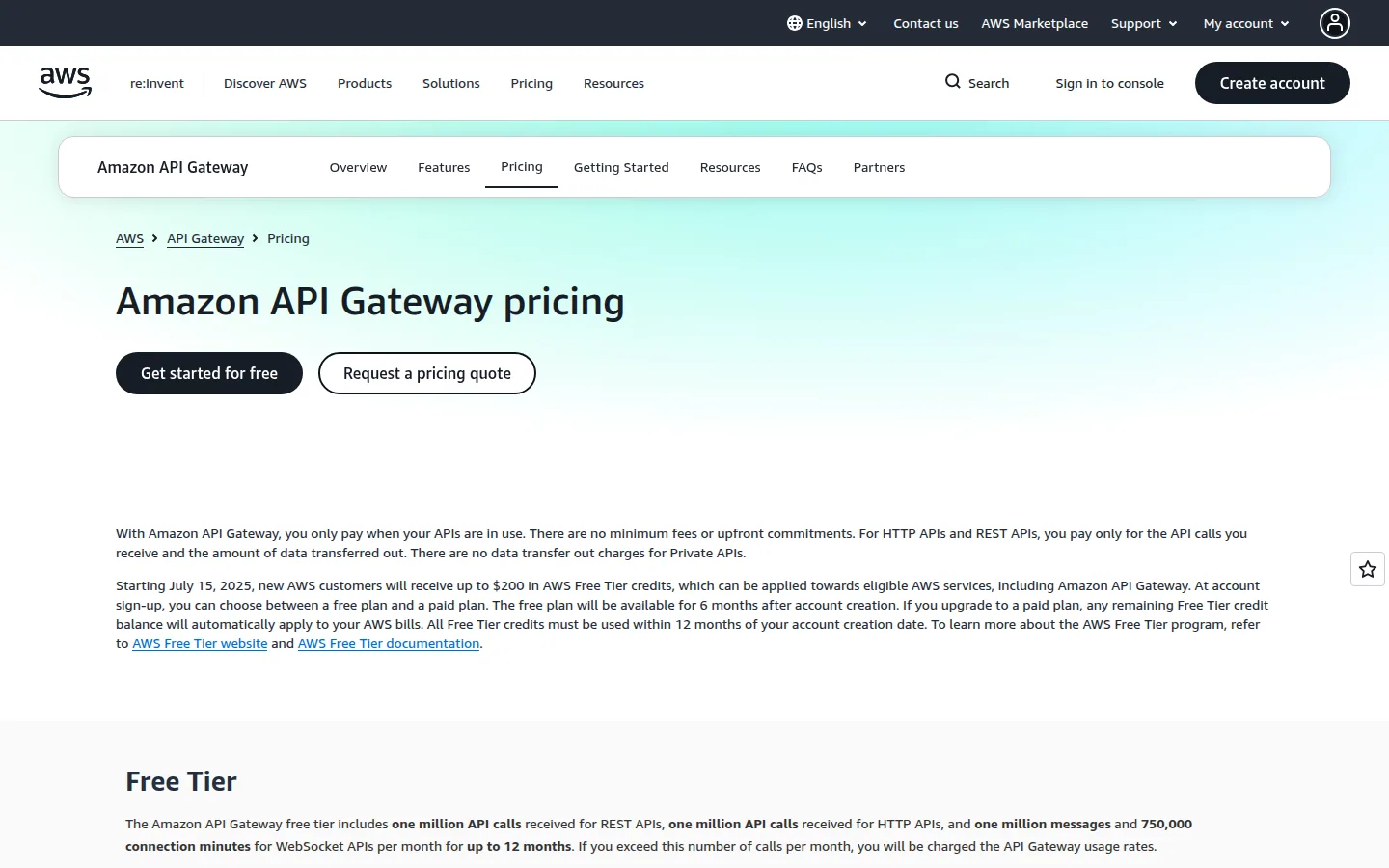 Официальная страница тарифов сервиса Amazon API Gateway