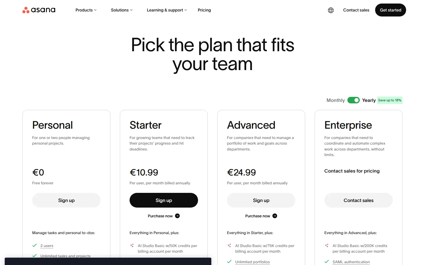 Страница тарифов Asana Personal Starter Advanced