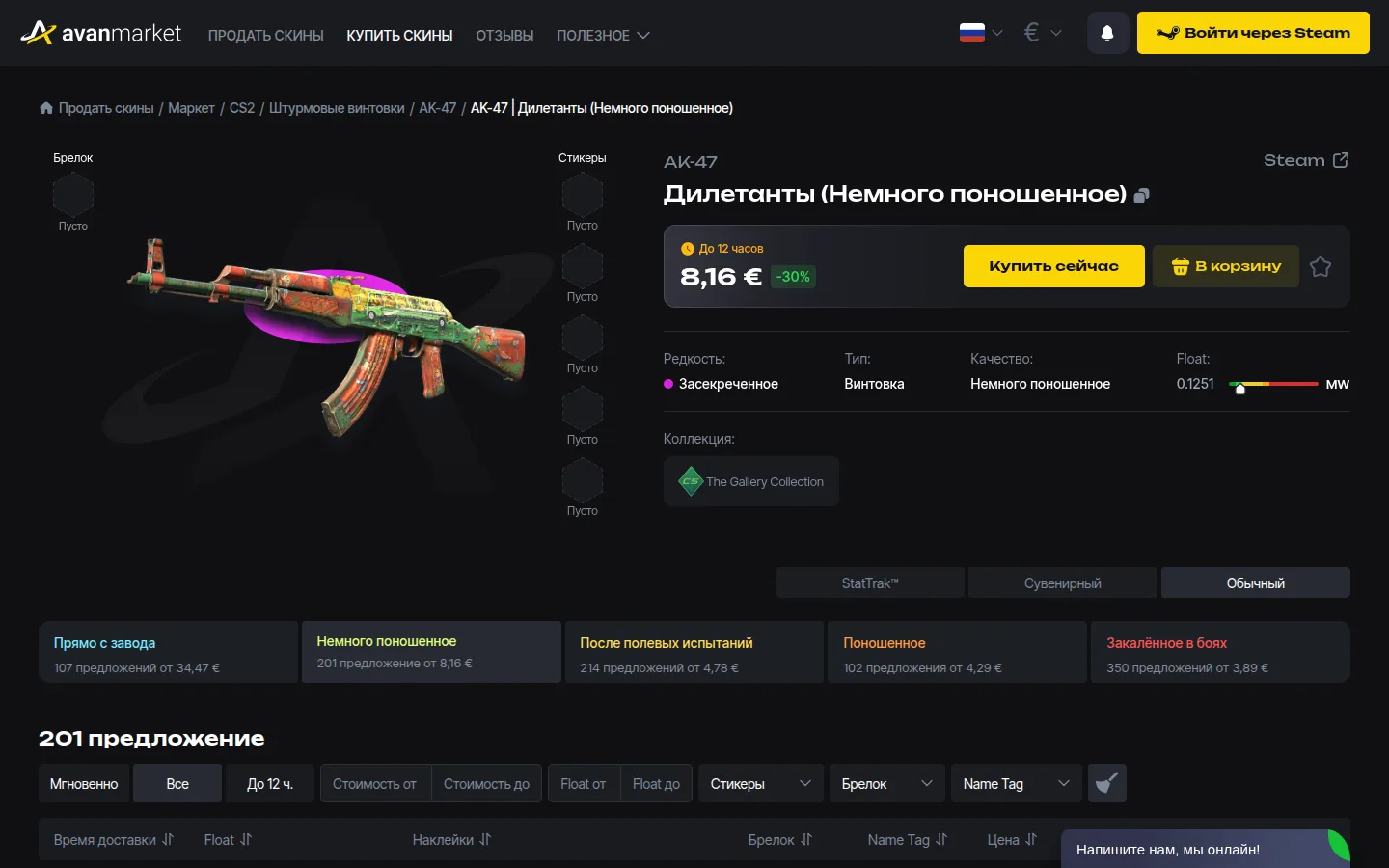 Страница лота Avan Market: AK-47 «Дилетанты» в качестве «Немного поношенное», цена 8,16 € с зелёной пометкой «−30%», срок доставки «До 12 часов», кнопки «Купить сейчас» и «В корзину»; ниже редкость «Засекреченное», тип «Винтовка», флоат 0,1251, коллекция The Gallery Collection; плашки качеств с числом предложений — «Прямо с завода» 107 предложений от 34,47 €, «Немного поношенное» 201 от 8,16 €, «После полевых испытаний» 214 от 4,78 €; фильтры «Мгновенно», «Все», «До 12 ч.», флоат, стикеры, брелок, Name Tag