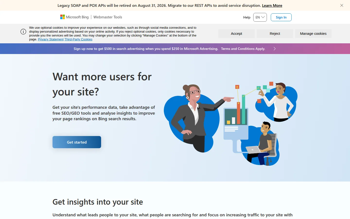Главная страница сервиса Bing Webmaster Tools