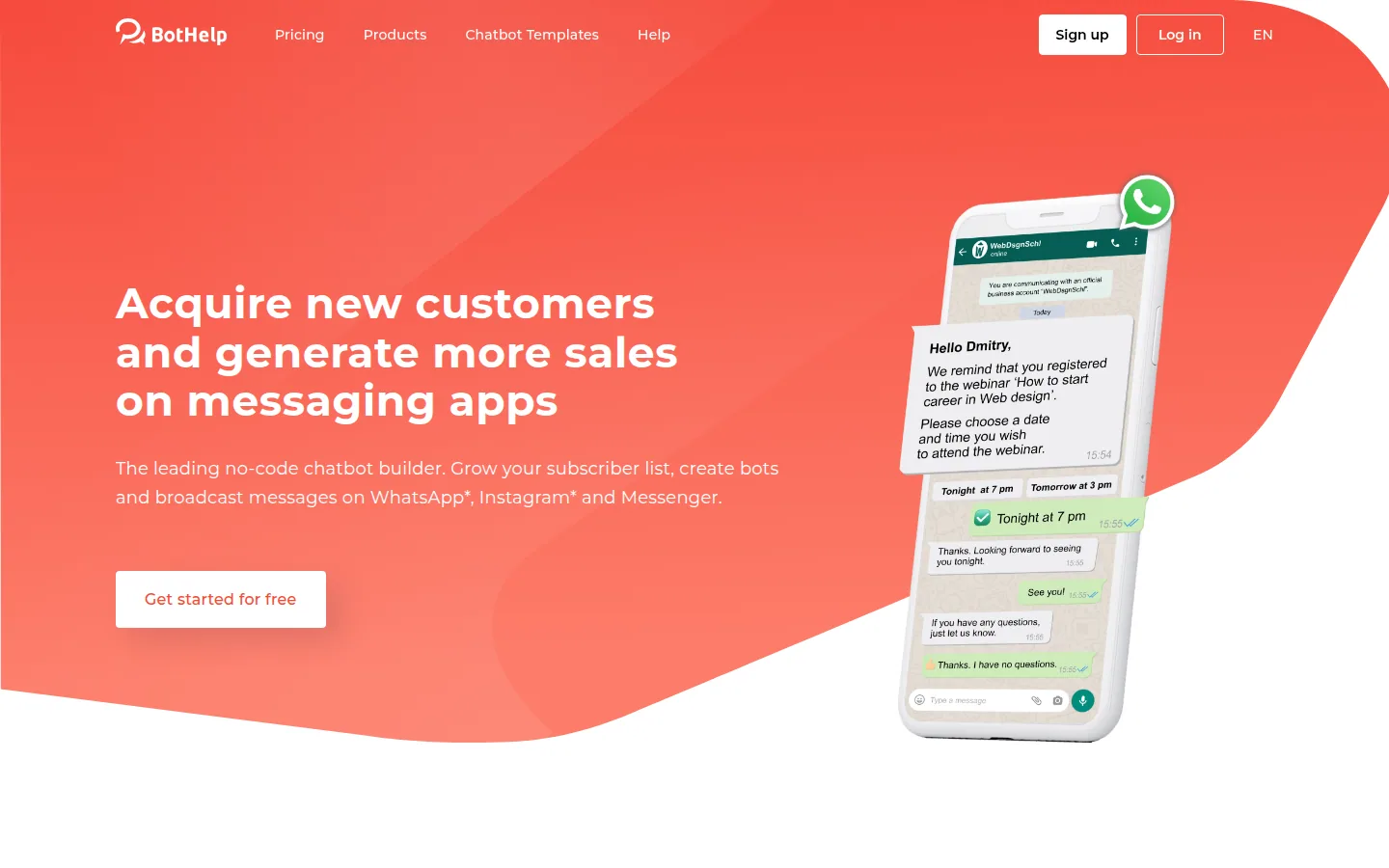 Главная страница сервиса BotHelp: Acquire new customers and generate more sales on messaging apps