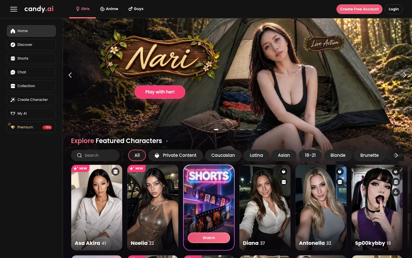 Главная страница сервиса Candy AI