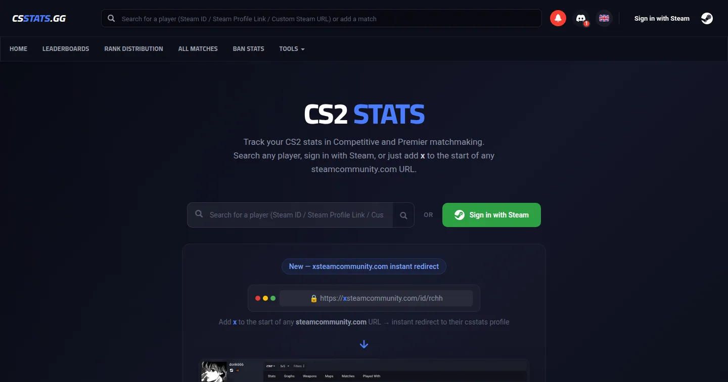 Главная страница сервиса csstats.gg