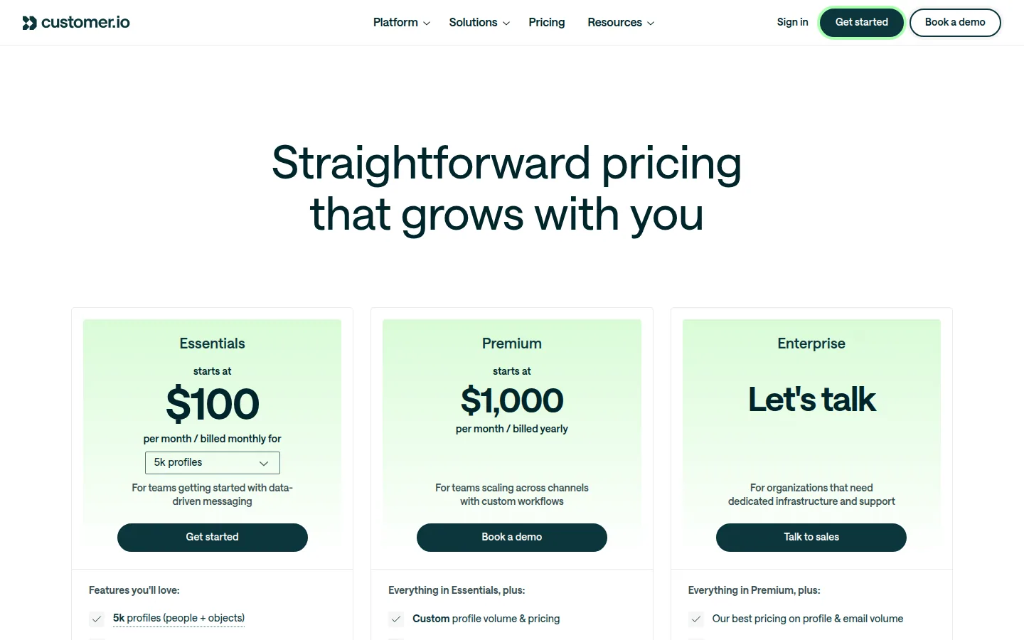 Тарифы Customer.io Essentials Premium Enterprise