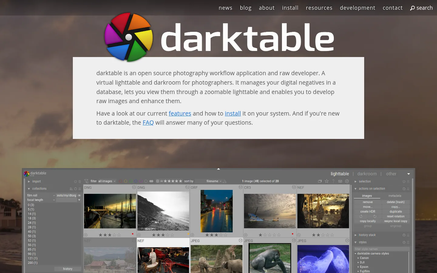 Главная страница сервиса darktable