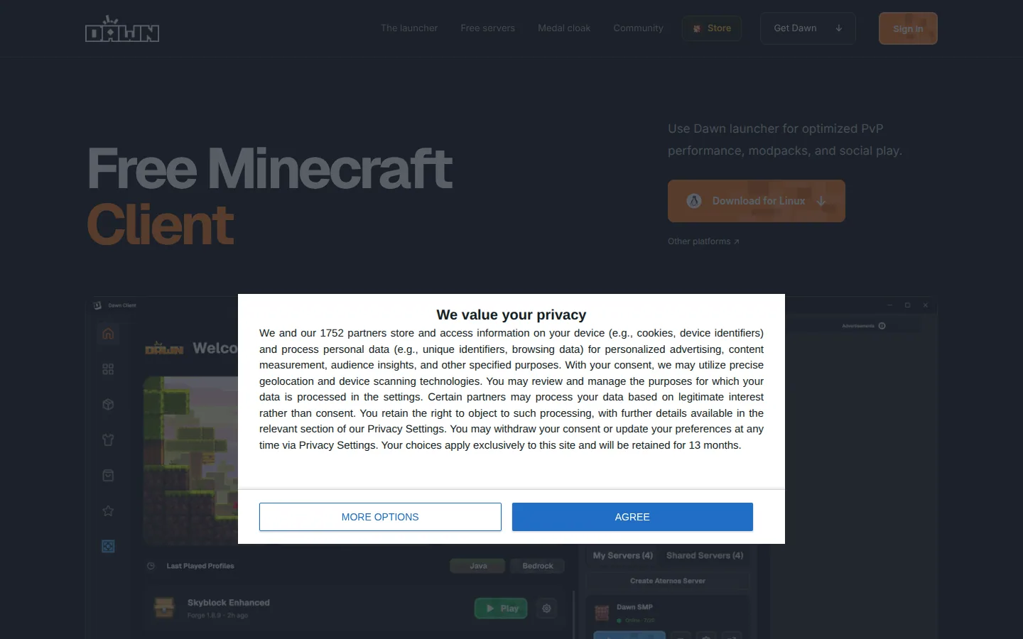 Главная страница сервиса Dawn (бывший Feather Client)