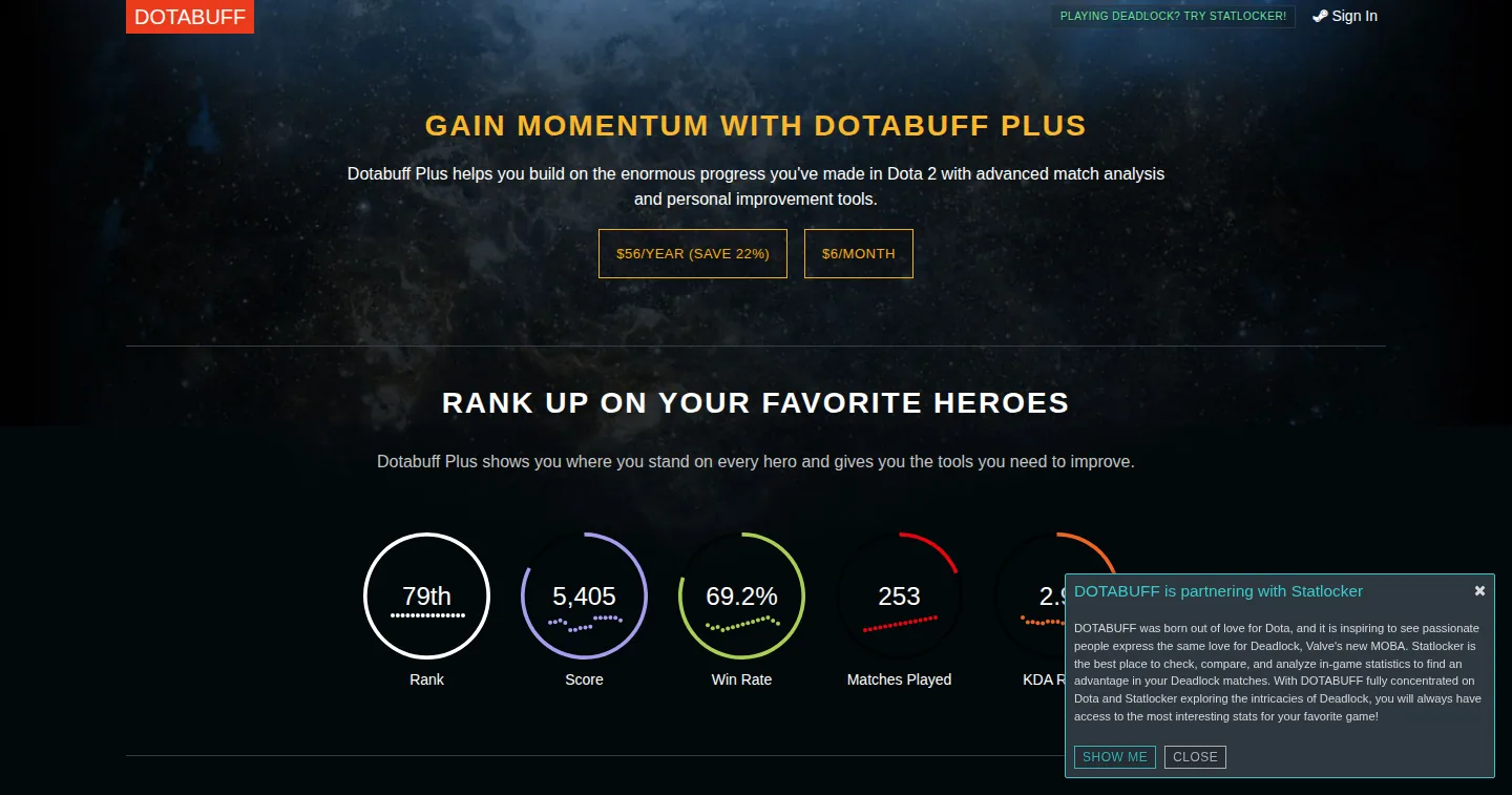 DOTABUFF — страница подписки Plus