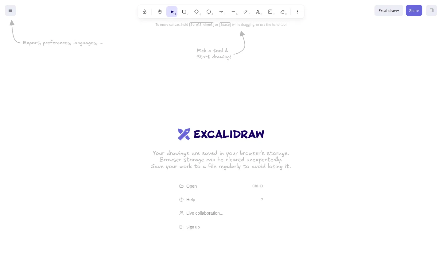 Главная страница сервиса Excalidraw