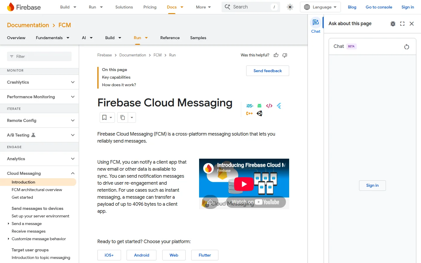 Главная страница сервиса Firebase Cloud Messaging