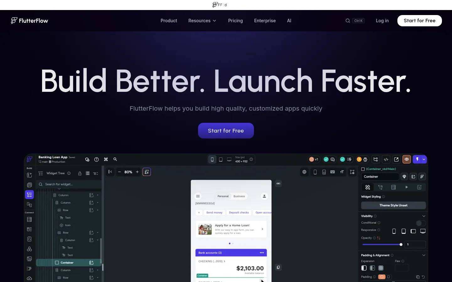 Главная страница сервиса FlutterFlow