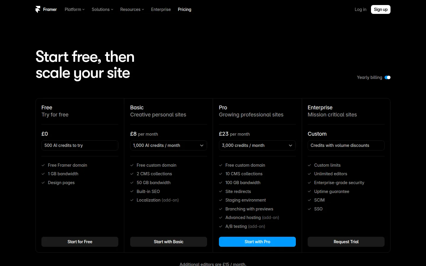 Тарифы Framer Free Basic Pro