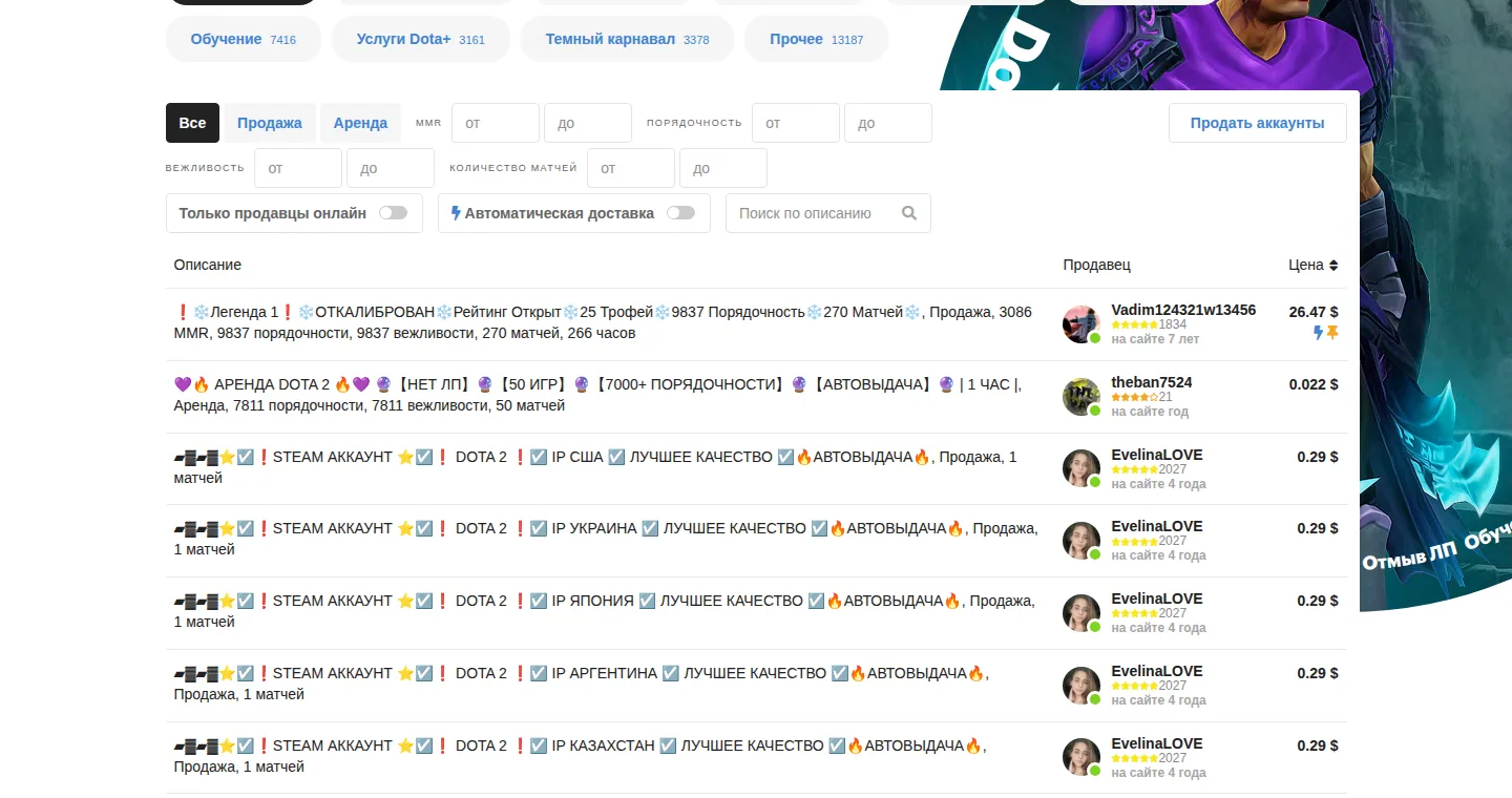 Раздел аккаунтов Dota 2 на FunPay: фильтры по MMR, порядочности, вежливости и количеству матчей, переключатели «Только продавцы онлайн» и «Автоматическая доставка», таблица лотов с описаниями, продавцами и ценами в долларах; у каждого продавца звёзды, число отзывов и стаж — «на сайте 7 лет», «на сайте год»