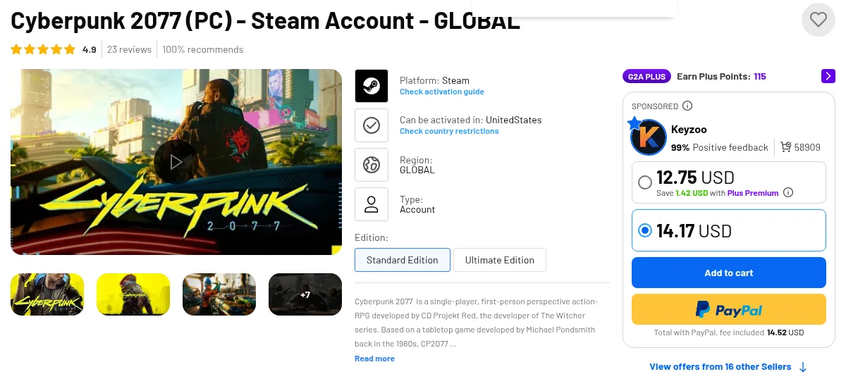 Карточка Cyberpunk 2077 (PC) — Steam Account — GLOBAL на G2A: тип товара Account, платформа Steam, продавец Keyzoo с 99 % положительных отзывов и 58 909 продажами, цена 14,17 USD, с PayPal 14,52 USD, ссылка на предложения 16 других продавцов