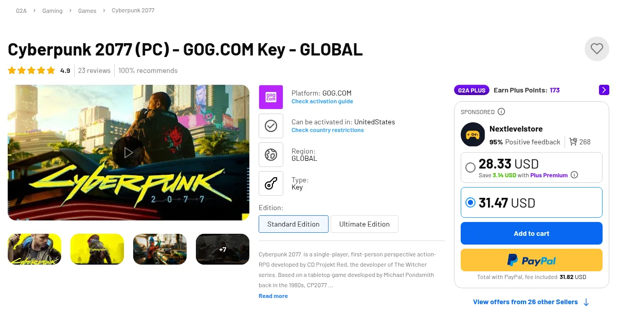 Карточка товара Cyberpunk 2077 (PC) — GOG.COM Key — GLOBAL на G2A: слева обложка игры, в центре строки Platform: GOG.COM, Can be activated in: United States, Region: GLOBAL, Type: Key, справа блок продавца Nextlevelstore с 95 % положительных отзывов и 268 продажами, цена 31,47 USD, кнопки Add to cart и PayPal с итогом 31,82 USD и ссылка на предложения 26 других продавцов