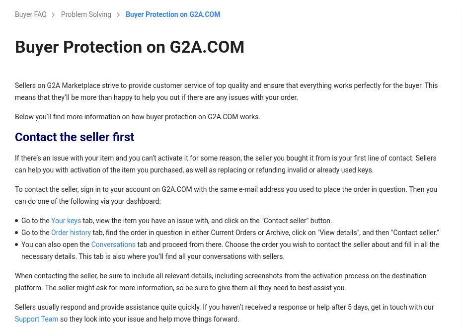 Статья Buyer Protection on G2A.COM в справочном центре G2A Support Hub: крошки Buyer FAQ — Problem Solving, заголовок, раздел Contact the seller first с тремя способами написать продавцу через вкладки Your keys, Order history и Conversations и абзац о том, что через 5 дней без ответа нужно обращаться в Support Team