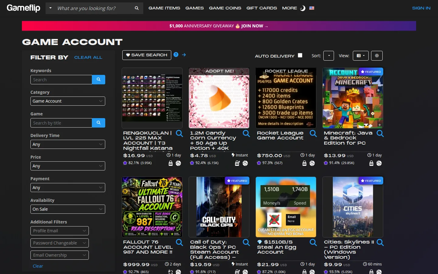 Раздел Game Account на сайте Gameflip в тёмной теме: слева фильтры по ключевым словам, игре, сроку доставки, цене, способу оплаты и дополнительные фильтры Profile Email, Password Changeable, Email Ownership; справа сетка карточек аккаунтов Rocket League за 750 долларов, Minecraft Java и Bedrock за 13,99 доллара, Fallout 76 уровня 987 за 999,99 доллара, Call of Duty Black Ops 7 за 19,59 доллара, у каждой срок доставки и процент положительных отзывов продавца