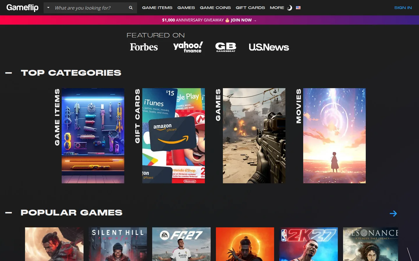 Главная страница сервиса Gameflip
