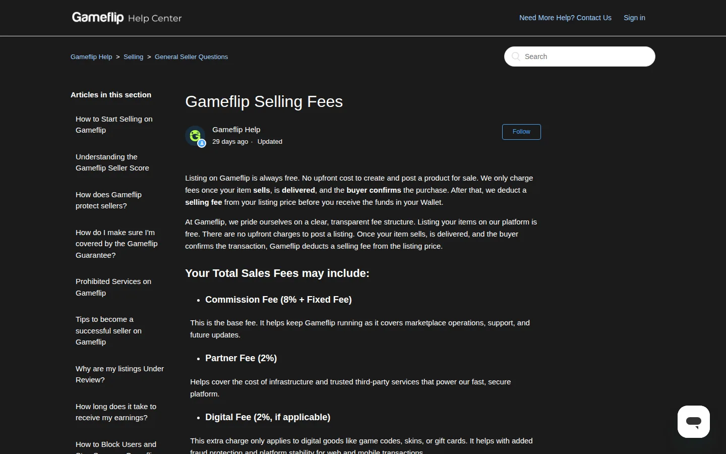 Статья Gameflip Selling Fees в справочном центре Gameflip Help Center: слева список статей раздела для продавцов, по центру заголовок, отметка об обновлении 29 дней назад, текст о бесплатном листинге и три пункта сборов — Commission Fee 8% плюс фиксированная сумма, Partner Fee 2% и Digital Fee 2% для цифровых товаров