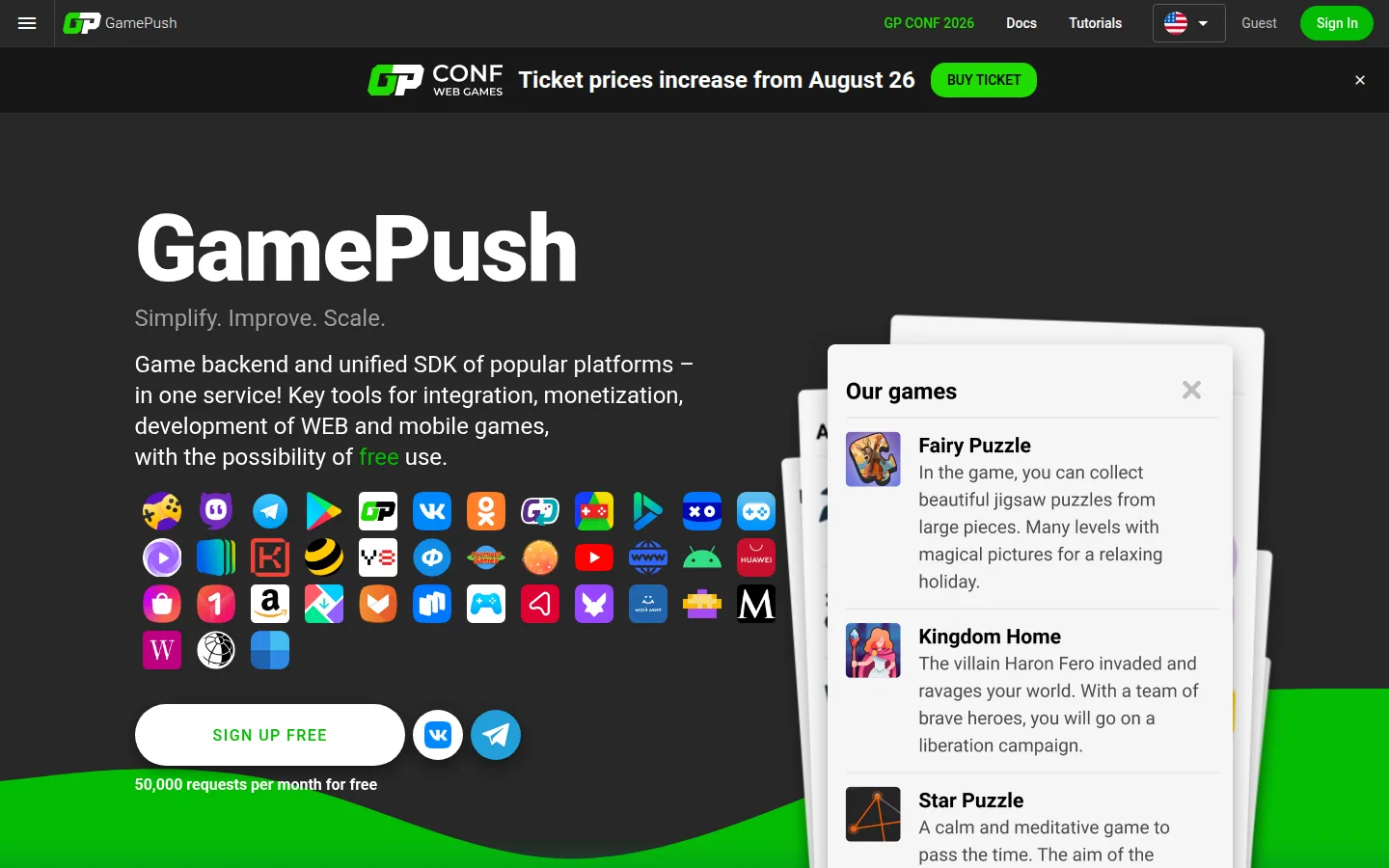 Главная страница сервиса GamePush