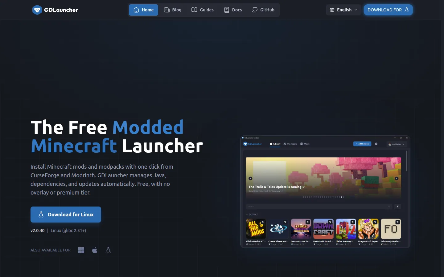Главная страница сервиса GDLauncher