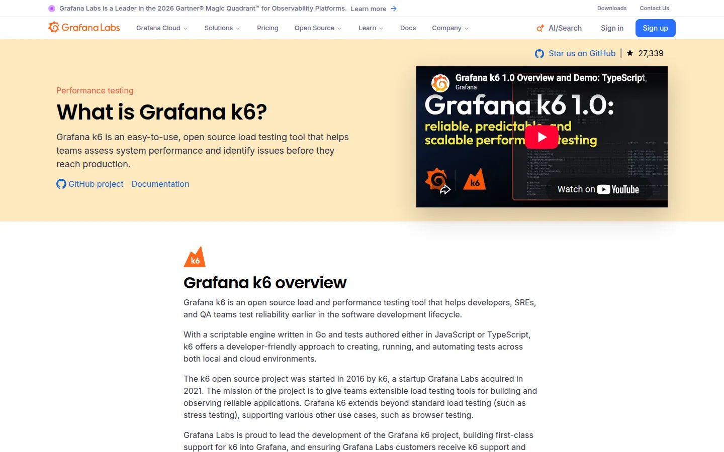 Главная страница сервиса Grafana k6
