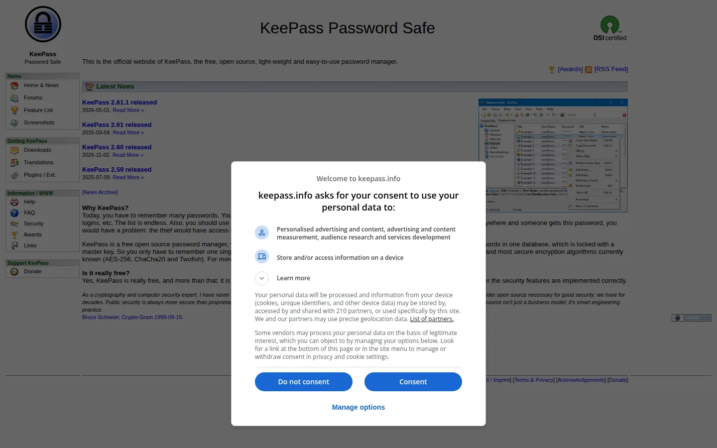 Главная страница сервиса KeePass